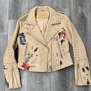 NWOT BLANKNYC Beige Vegan Leather Jacket with Studs and Floral embroidery